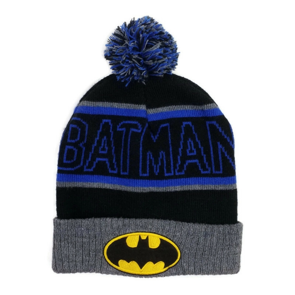 DC Comics Black Blue BATMAN Spell Out Embroidered Logo Stocking Hat Child OSFM